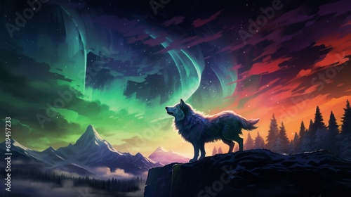 wild wolf silhouetted against a mesmerizing aurora borealis night sky