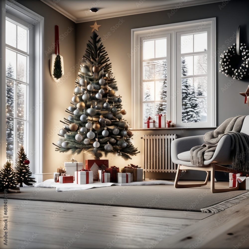 Cozy living room winter interior with fireplace, and Christmas Tree is decorated with Christmas ornaments, Gift Boxes are on the floor.