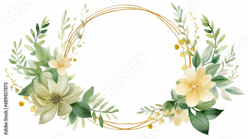 Vintage Luxury wedding invitation card template. template  Water Color gold green Flower and bloom  Wedding decorative perfect wreath frame border with gold line art  leaves branches  foliage.