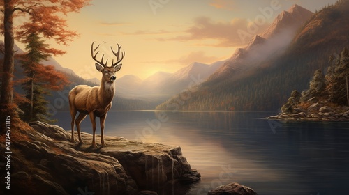 A deer is standing on the lake side the scene bathed in soft light