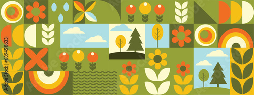  Geometric mosaic with flowers, rainbows, trees. Simple minimalistic shapes. Abstract nature. Bauhaus. Vector illustration