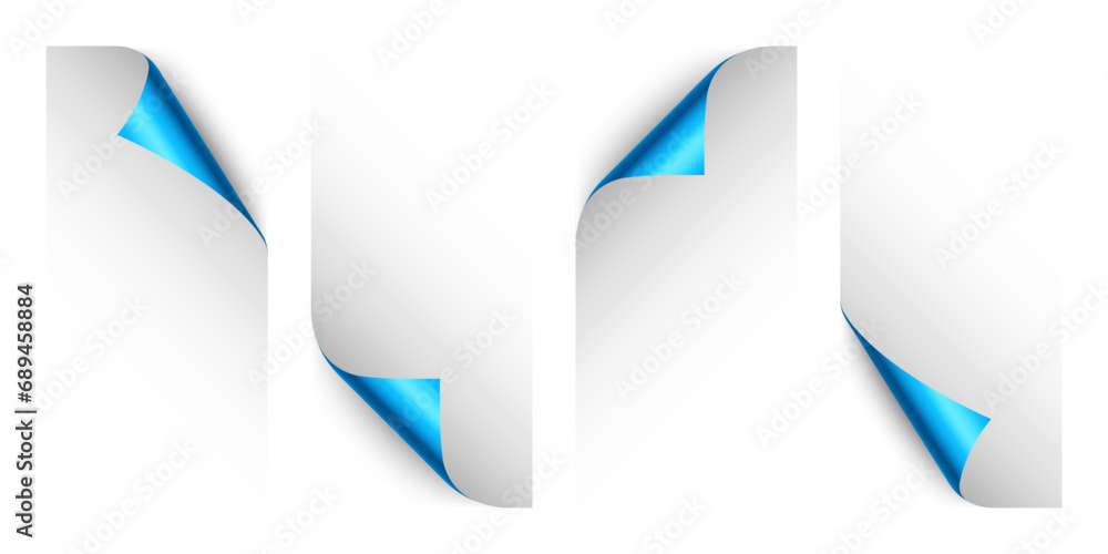 Set of blue paper curls. Curled page corner with shadow. Blank sheet of paper. Colorful shiny foil. Design element for advertising and promotion. Vector illustration. Set of blue paper curls. Curled page corner with shadow. Blank sheet of paper. Colorful shiny foil. Design element for advertising and promotion. Vector illustration.