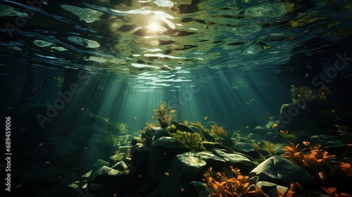 Sunbeams filter through the surface of the ocean, illuminating the aquatic scenery below with a tranquil glow, highlighting the dynamic underwater life and rock formations. © DigitalArt