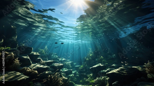 Underwater scene illuminated by beams of sunlight piercing through the water's surface, highlighting the vibrant marine life and rocks below.