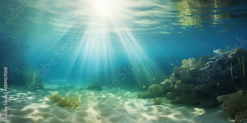 The ocean floor is bathed in sunlight that pierces through the clear blue water, creating a serene underwater landscape filled with coral and marine life.