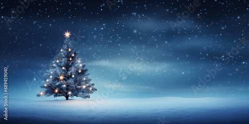 A lone Christmas tree stands adorned with lights against the backdrop of a starlit winter night, offering a classic and peaceful holiday image.