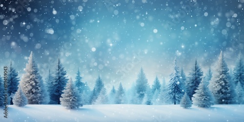 A serene winter landscape displays a dense forest of snow-laden trees under a starry sky, with gentle snowflakes falling, creating a tranquil and picturesque scene.