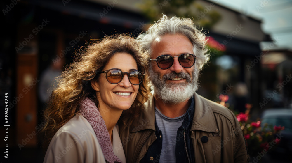 Portrait of happy senior couple tourists outdoors in historic town Portrait of happy senior couple tourists outdoors in historic town