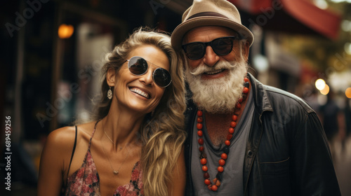 Portrait of happy senior couple tourists outdoors in historic town