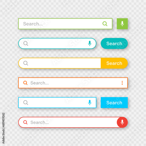 Colorful search bar templates. Internet browser engine with search box, address bar and text field. UI design, website interface element with web icons and push button. Vector illustration