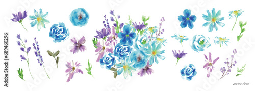 水彩画。水彩タッチの青色の花イラスト。花束のベクターイラストセット。バラとコスモスのセット。Watercolor painting. Blue flowers illustration with watercolor touch. Vector illustration set of bouquet. Set of roses and cosmos.