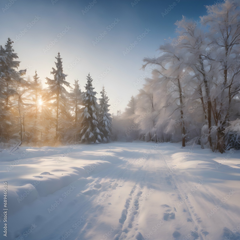 Snowy landscape with trees covered in freshly fallen snow, creating a serene and peaceful winter snow background