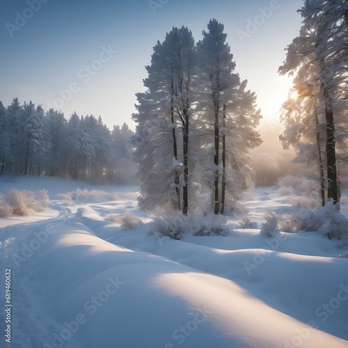 Snowy landscape with trees covered in freshly fallen snow, creating a serene and peaceful winter snow background © jaijai