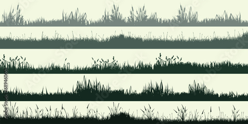 Meadow silhouettes with grass, plants on plain. Panoramic summer lawn landscape with herbs, various weeds. Herbal border, frame element. Green horizontal banners. Vector illustration