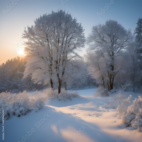 Snowy landscape with trees covered in freshly fallen snow, creating a serene and peaceful winter snow background © jaijai