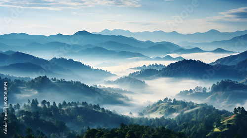 landscape of mountains and pine forest with mist and fog at morning, mystic panoramic view, generative ai