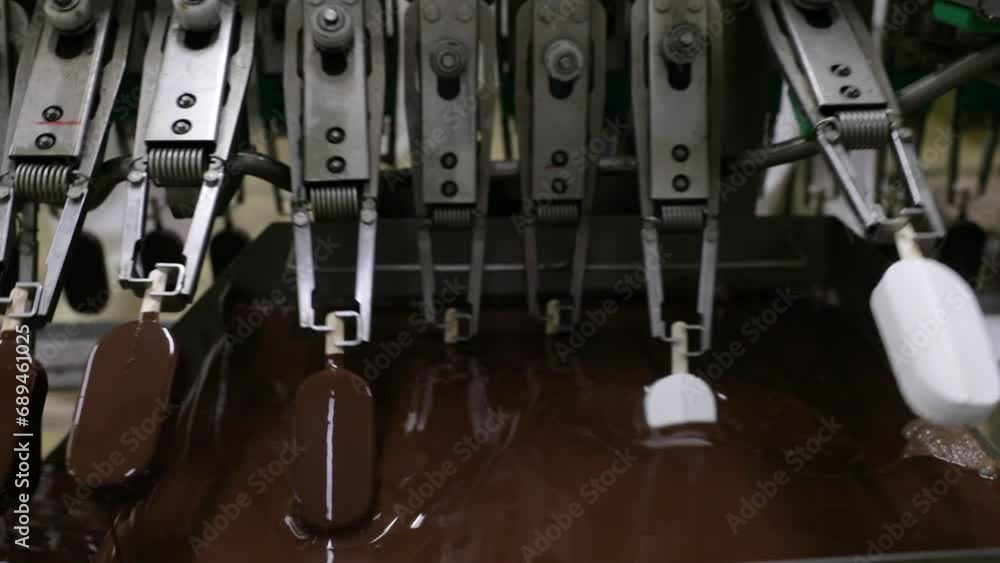 Industrial ice cream factory. Automation and technology in the food production business. View of a machine transporting and dipping cream popsicles in chocolate. 