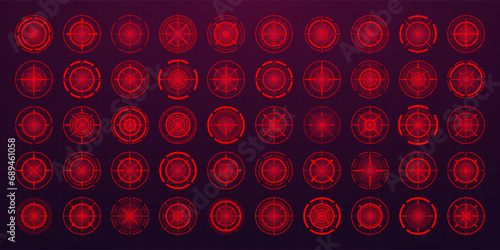 Crosshair, gun sight vector icons. Bullseye, black target or aim symbol. Military rifle scope, shooting mark sign. Targeting, aiming for a shot. Archery, hunting and sports shooting. Game UI element.