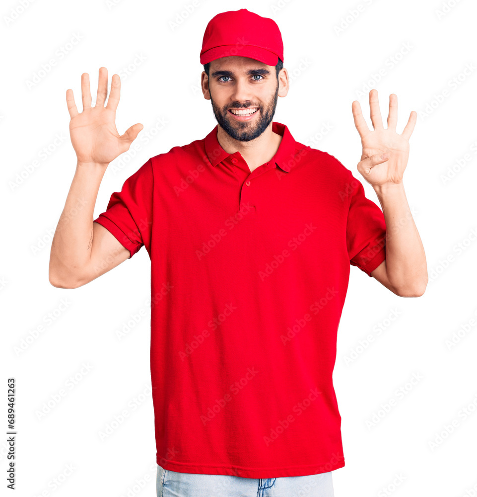 Young handsome man with beard wearing delivery uniform showing and pointing up with fingers number nine while smiling confident and happy.