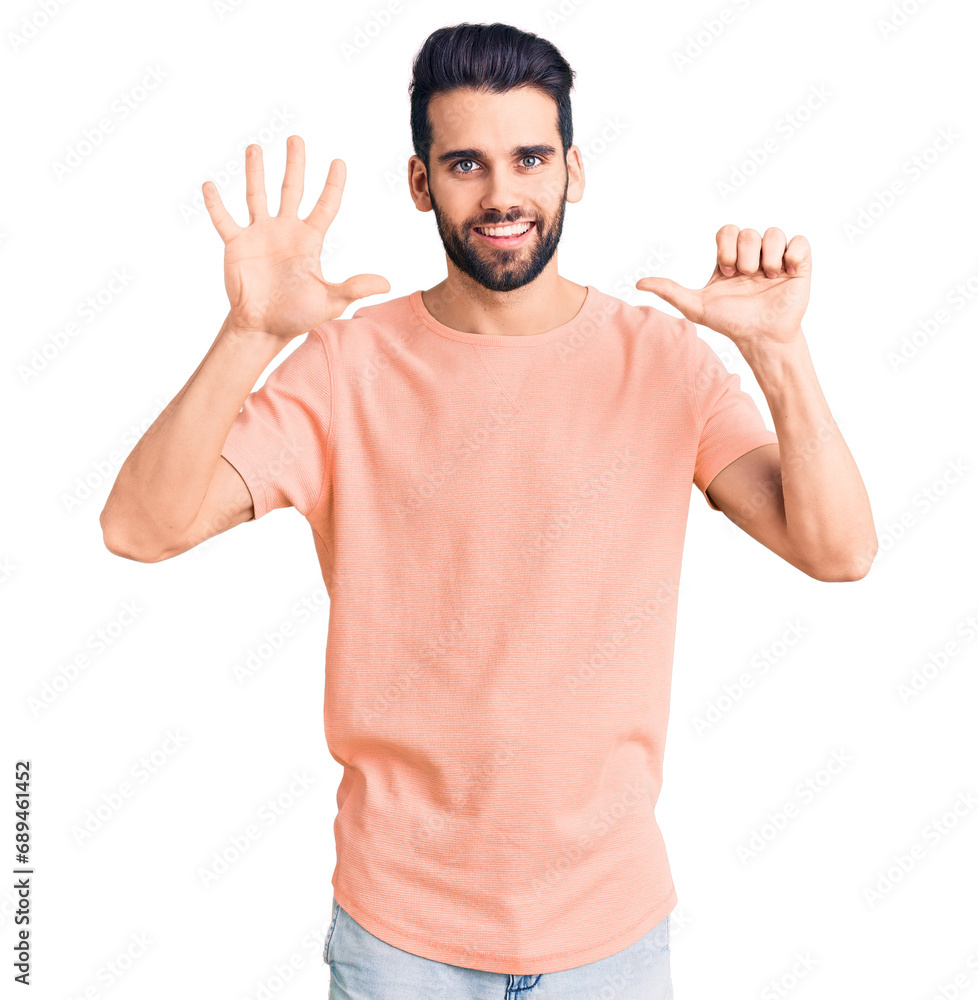 Young handsome man with beard wearing casual t-shirt showing and pointing up with fingers number six while smiling confident and happy. Young handsome man with beard wearing casual t-shirt showing and pointing up with fingers number six while smiling confident and happy.