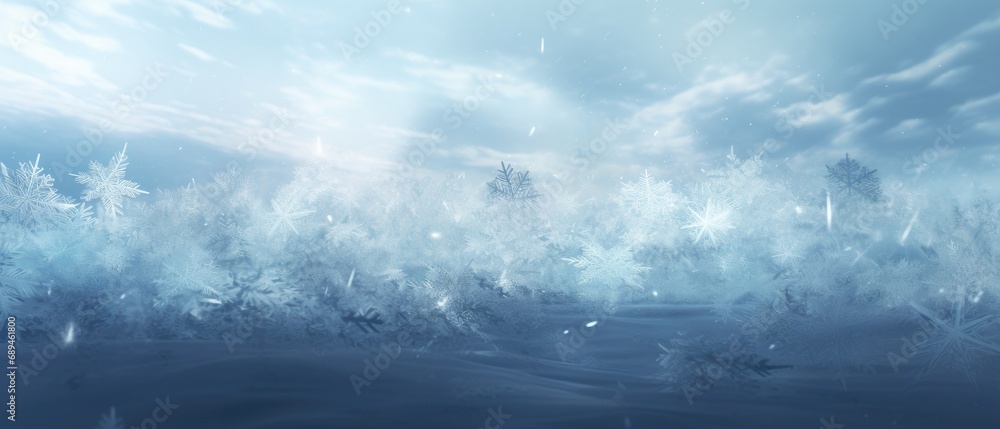 Winter landscape with crystal snowflakes and sparkling ice. Seasonal background and texture. Winter landscape with crystal snowflakes and sparkling ice. Seasonal background and texture.