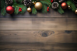 Christmas background with fir branches on wooden board. Top view with copy space