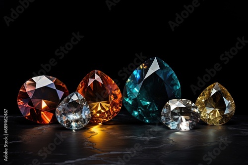 Jewel on black shine color, Collection of many different natural gemstones amethyst, lapis lazuli, rose quartz, citrine, ruby, amazonite, moonstone, labradorite, chalcedony, blue topaz photo