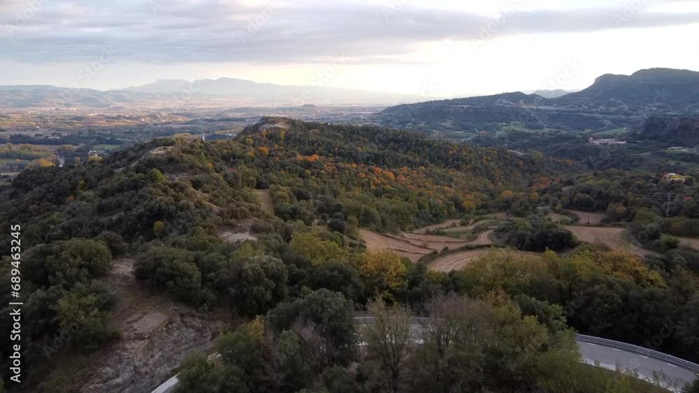 Drone view of a road and a field in a rural area of the Mediterranean landscape Drone view of a road and a field in a rural area of the Mediterranean landscape