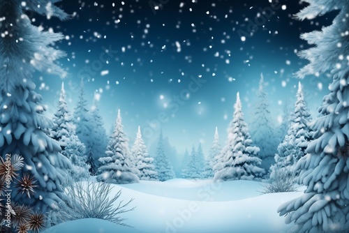 Merry christmas and happy new year greeting background. Winter landscape with snow and christmas trees. generative ai. © SEUNGJIN