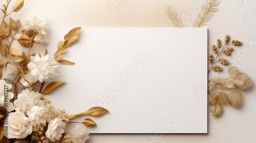 Minimal composition,mockup for a greeting card or holiday invitation,flat lay,copy space.Brown craft envelope,blank card for text,eucalyptus branch.Wedding invitation,christening,birthday,love letter © ND STOCK