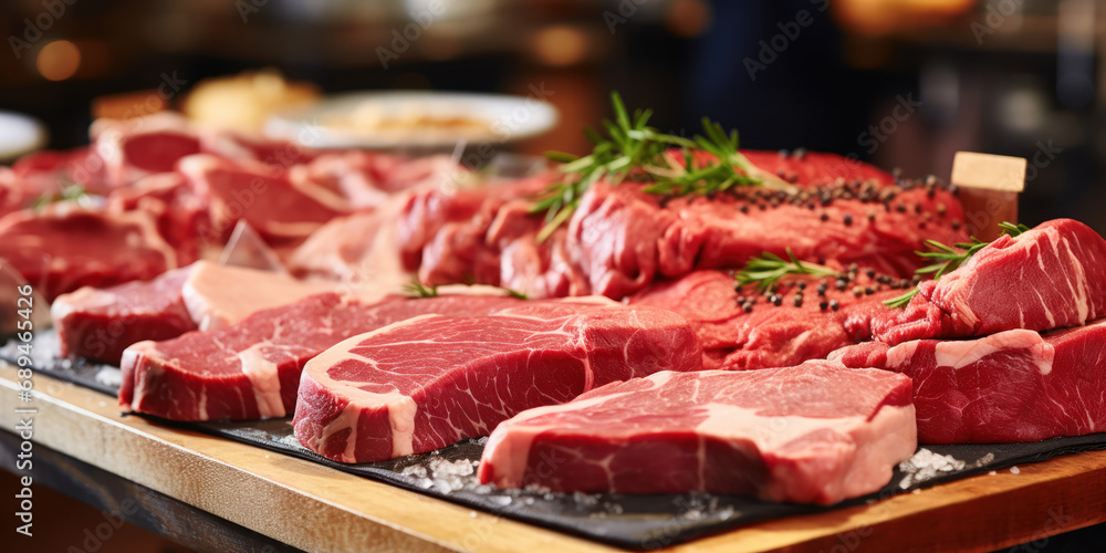 Selection of raw meat arranged on a market shelf, garnished with parsley and citrus Selection of raw meat arranged on a market shelf, garnished with parsley and citrus