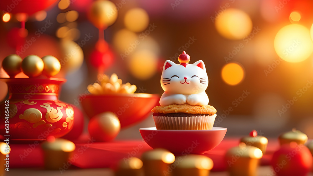 Happy Chinese New Year. Cute lucky cat figurine and cupcake on bokeh background Happy Chinese New Year. Cute lucky cat figurine and cupcake on bokeh background