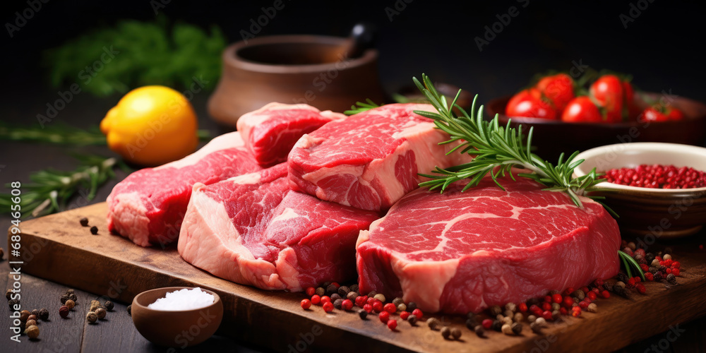 Selection of raw meat arranged on a market shelf, garnished with parsley and citrus