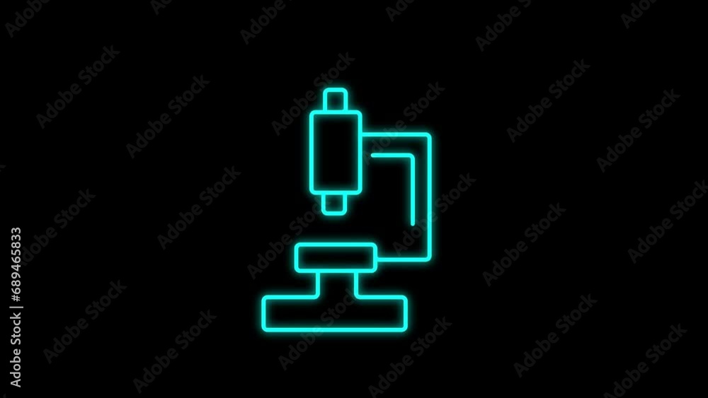 Glowing animated microscope line icon medical laboratory blood test Microscope icon animation on black background. Glowing animated microscope line icon medical laboratory blood test Microscope icon animation on black background.