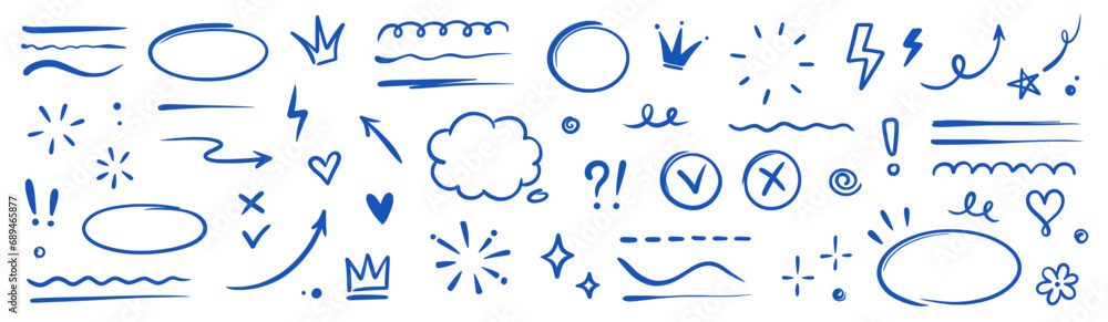 Hand drawn blue highlight, text underline, emphasis mark, line shape set. Hand drawn scribble arrow, love heart, speech bubble, crown element. Marker, pen brush stroke. Vector illustration