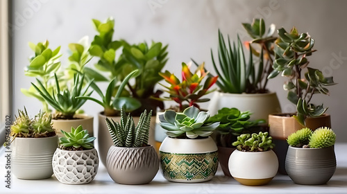 pots with indoor plants, succulent, green herbs, generative ai © Lucky Ai