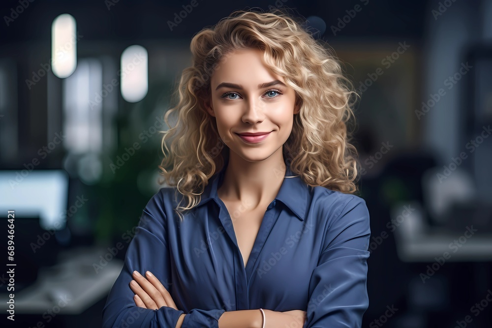 Obraz premium Office Elegance: A Cheerful Woman, Arms Crossed, Radiating Professionalism