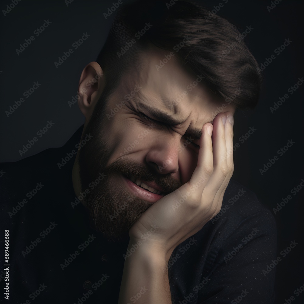 Close up of a man keeping eyes closed, furrowing the brow, bowing head while having badly headache and depression. High pressure and mental problem concept.
Close up of a man keeping eyes closed, furrowing the brow, bowing head while having badly headache and depression. High pressure and mental problem concept.