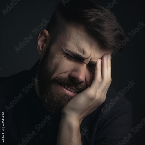 Close up of a man keeping eyes closed, furrowing the brow, bowing head while having badly headache and depression. High pressure and mental problem concept. 
