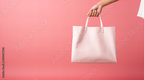 Woman holding shopping bag, copy space on pink background. Shopaholic people, retail special offer price, holiday vacation activity lifestyle concept, Chinese New Year Christmas Xmas party