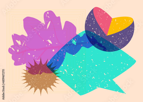Risograph Autumn Leaf with speech bubble with geometric shapes. Objects in trendy riso graph print texture style design with geometry elements.