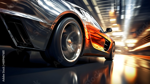 side view of a fast driving sport car, blurred motion background, generative ai © Lucky Ai