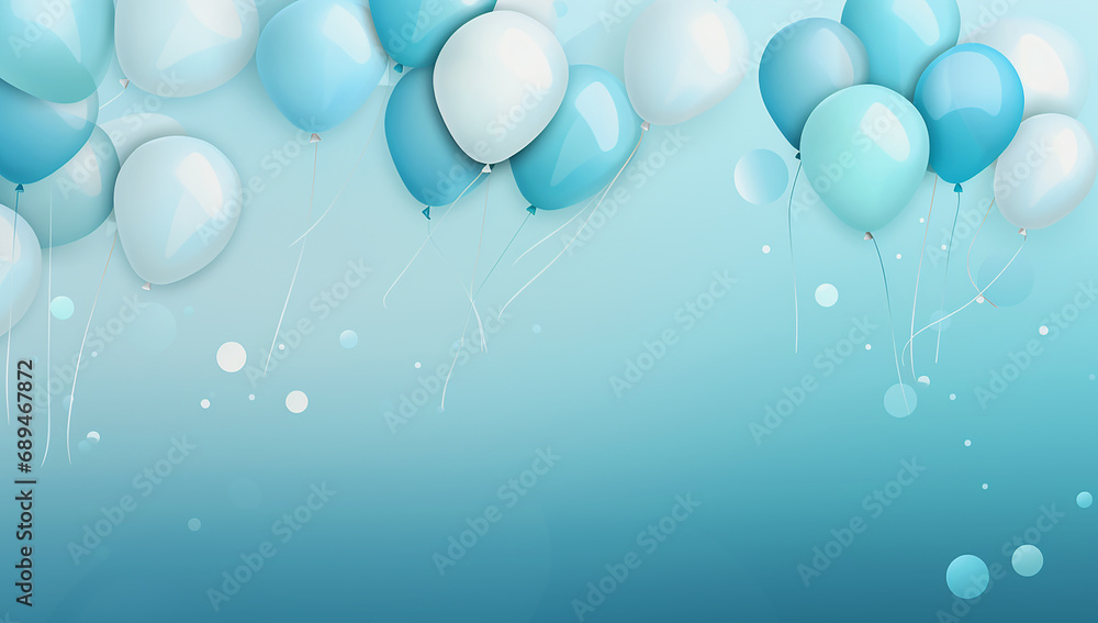 Blue and white balloons with stars and confetti. Vector illustration.