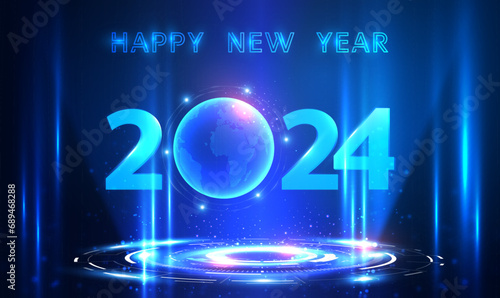 Futuristic 2024 Portal and Globe hologram technology background. 2024 New Year technology, Artificial Intelligence.Digital AI world. Teleport technology and Science banner. Calendar 2024. Vector EPS10