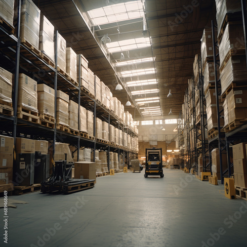 Modern warehouse interior. Rows of shelves with boxes. Logistics. Smart warehouse management system.