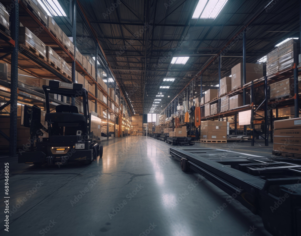 Modern warehouse interior. Rows of shelves with boxes. Logistics. Smart warehouse management system. Modern warehouse interior. Rows of shelves with boxes. Logistics. Smart warehouse management system.