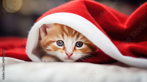 Beautiful small kitten with red Santa hat. Christmas holiday greeting card