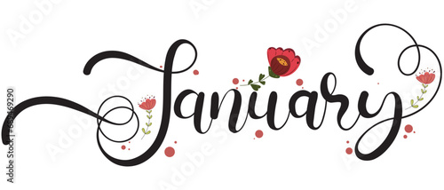 Hello January. JANUARY month vector with flowers. Decoration floral. Illustration month January