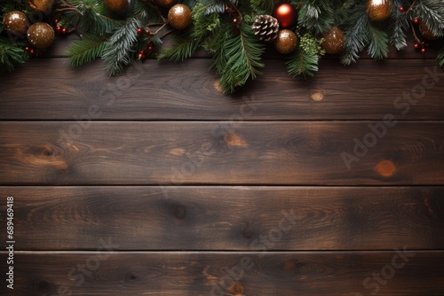 Festive Pine Cones and Baubles on Rustic Wood Background