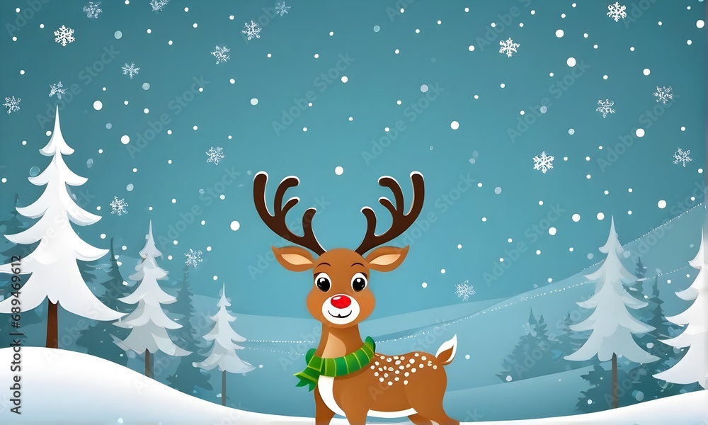 Fototapeta premium Cute reindeer at snow. Christmas or New Year greeting card, banner, background., poster
